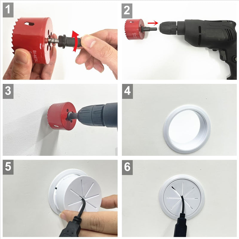 4 Pack TV Wire Hider for Wall, 2-3/8"(60mm Hole) Cord Hider in Wall Cable Management Kit, Includes 4 Pass Throughs and 1 Hole Saw Drill Attachment Easy to Install 60mm - 4 Pack