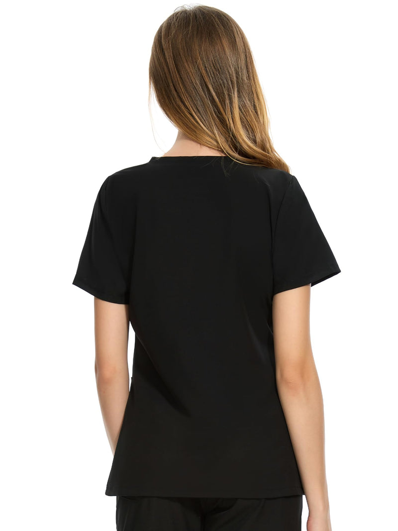 COZYFIT Medical Scrub Tops for Women - Soft Stretch,Curved V-Neck Scrub Tops with 3 Pockets Black X-Large