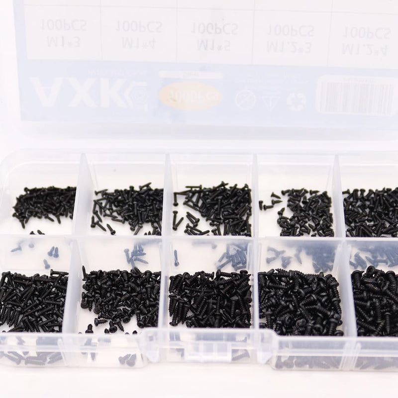 AXK 1000PCS M1 M1.2 M1.4 M1.7 Phillips Round Head Self Tapping Small Screw Micro Screws Electronic Small Black Bolts Wood Screws Kit