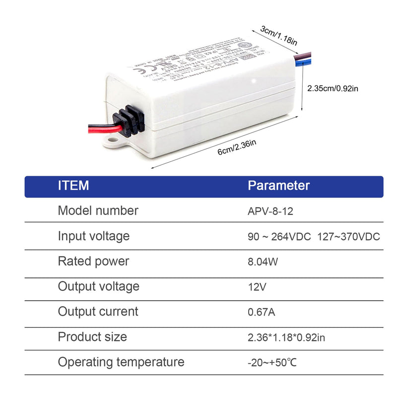 APV-8-12 12V 0.67A 8W Compact LED Driver, High Efficiency, for LED Lighting, Signs, YS-APV-8-12