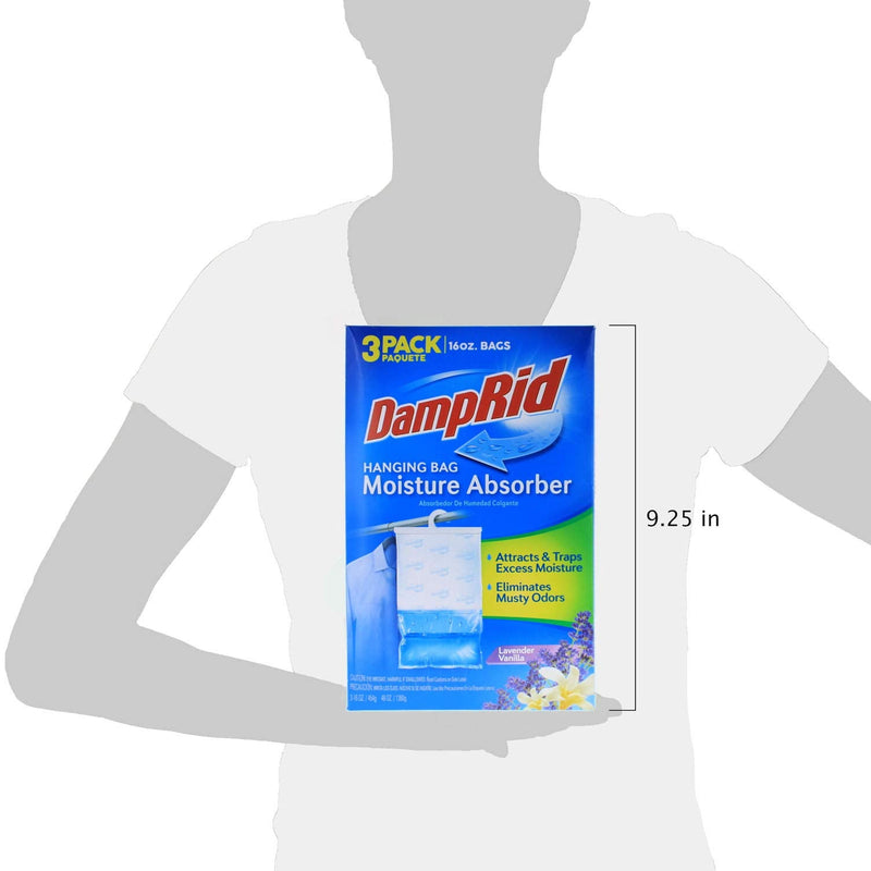 DampRid Lavender Vanilla Hanging Bag Moisture Absorber for Closets - Odor Eliminator - 3 pack (16oz. ea.); Traps Excess Moisture for Fresher, Cleaner Air Original Formula