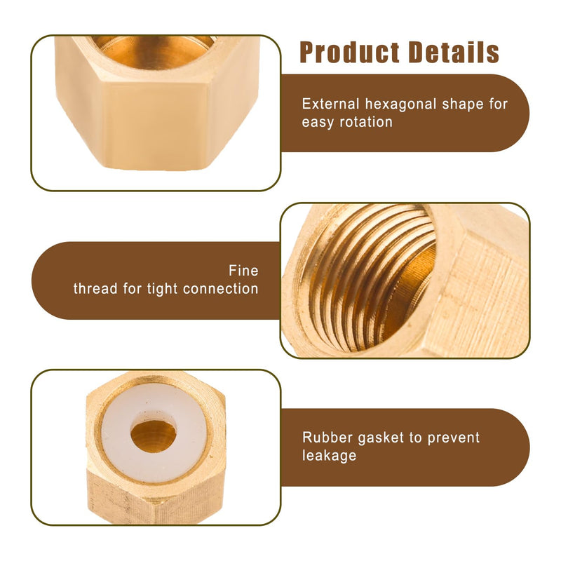 8 Pcs 1/8” Brass Pipe Caps NPT, (3/8” ID) Female Pipe Plug Cap Compression Cap Tube Stop Valve External Hexagon Threaded Socket Plug End Pipe Fittings with Rubber Gasket for Water Line