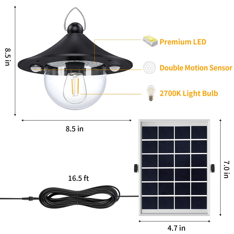 Auzev Solar Shed Light Indoor Outdoor Pendant Lights Solar Powered with 2 Motion Sensor, Waterproof Solar Hanging Lamp for Porch, Inside Home, Farmhouse, Gazebo, Chicken Coop, Daytime Available Black 1Pack