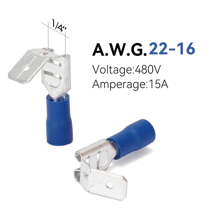 HKS 150PCS Piggyback Vinyl Insulated Spade Connector Blue 16-14 AWG - 6.3mm 1/4" Electrical Quick Disconnect Wire Connectors Kit - Tinned Copper PVC Terminals
