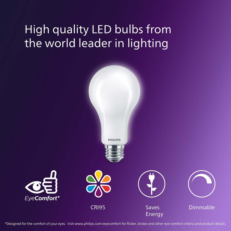 PHILIPS LED 100-60-40W A21 4-Pack 3-Way Soft White (2700K) 1600-800-450 Lumen (14-8-5W = 100-60-40W) Frosted Flicker-Free Light Bulbs