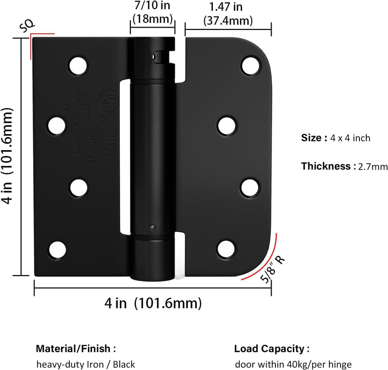 Haidms 6 Pack Self Closing Door Hinges 4 Inch Matte Black Spring Hinge with 5/8'' & Square Radius Corner Adjustable Tension Spring Loaded Hinges for Residential & Heavy-Duty Door Hardware Matte Black-square&5/8''