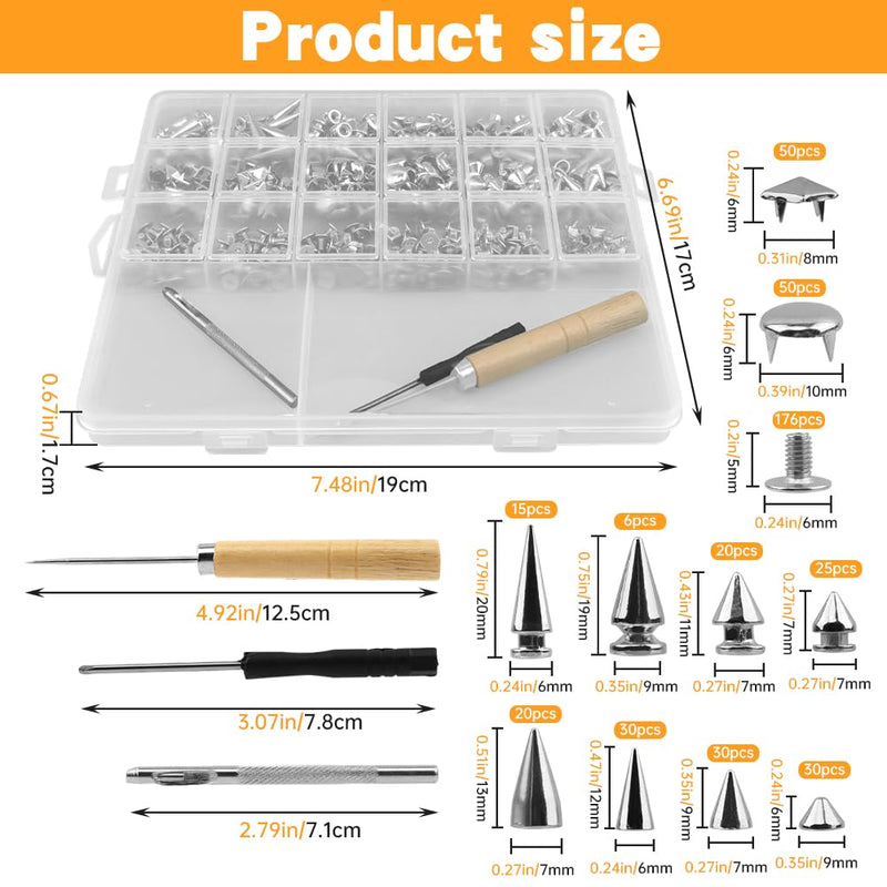 455Pcs Punk Studs for Clothing, 11 Size Metal Spikes and Studs Leather Rivets for Craft, Square Pyramid Studs Round Dome Rivets DIY Punk Style Decoration for Clothes Shoes Belts