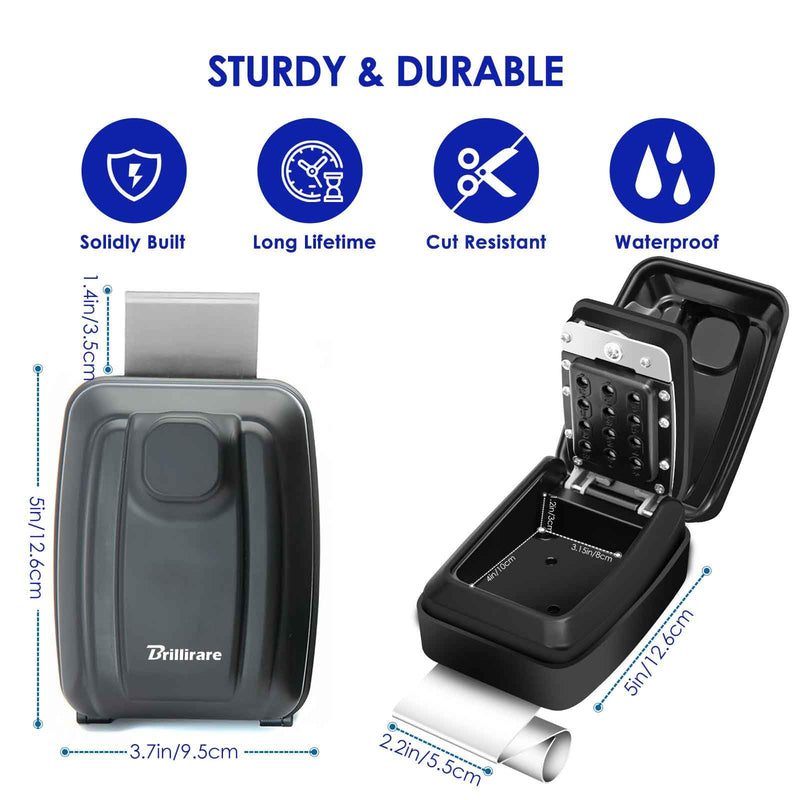 Car Key Lock Box, Waterproof 12-Digit Combination Car Window Lockbox, Metal Wall Mount Resettable Punch Button, Large Capacity for Turo, Ride Share, ID Cards, House Garage Office Spare Keys-Black Black