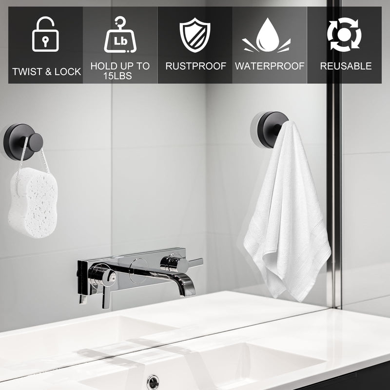 Vacuum Suction Cup Hooks, 2 Pack Stainless Steel Suction Hooks for Shower Bathroom Towel Hooks Shower Hooks Holders Shower Hooks Hanging Towels, Loofah, Robe, Coat(Black) Black