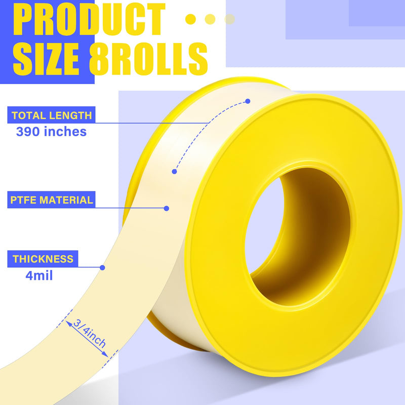 Pangda 8 Rolls Extra-Wide 3/4 Inch x 390 Inch x 4 Mil Gas Pipe Thread Sealant Tape Yellow Gas Line PTFE Tape Thread Seal Tape Plumbers Pipe High Resistance Gas Leak Prevention for Gas Fittings