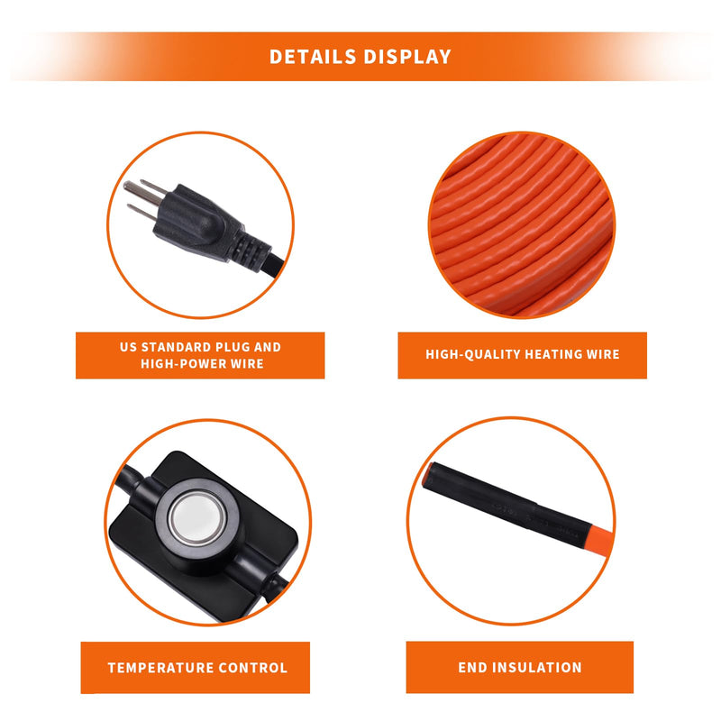 6FT Heat Tape for Water Pipes Freeze Protection 7W/FT 110V BDDFOTO Water Pipe Heat Cable With Thermostat Self-Regulating Pipe Heater for House Garden/RV Camper Orange 06FT