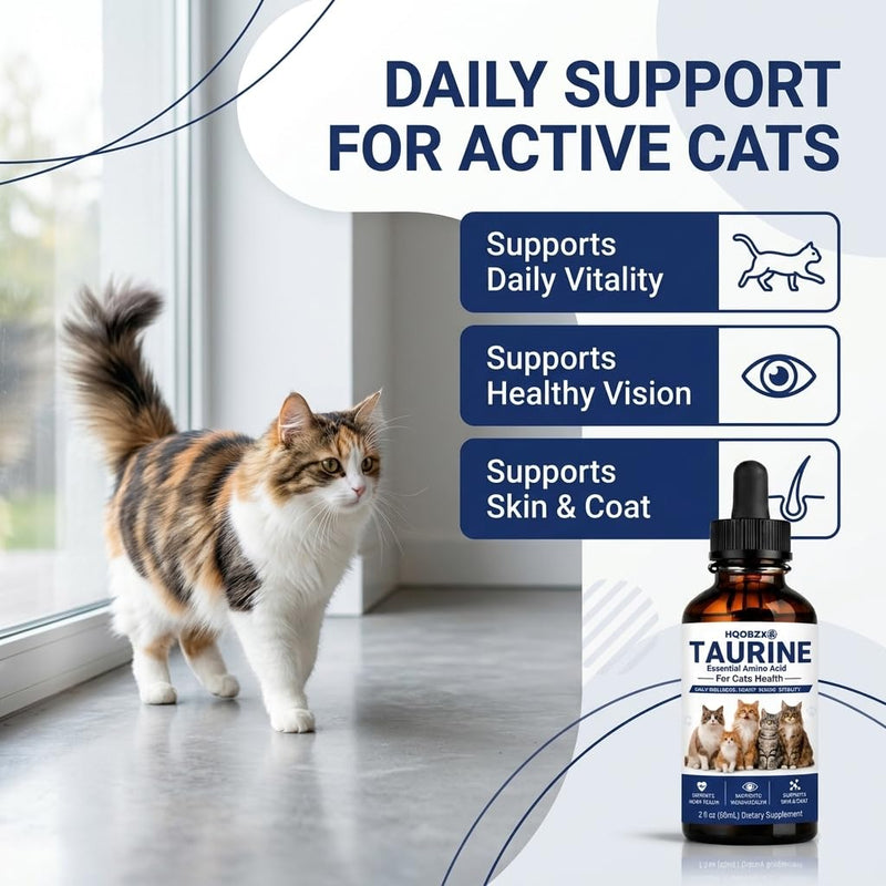 Taurine Supplement for Cats Liquid Drops – Daily Heart & Vision Wellness Support for Indoor Cats, Senior Cats & Picky Eaters – Easy-to-Mix Taurine Formula – 60 mL