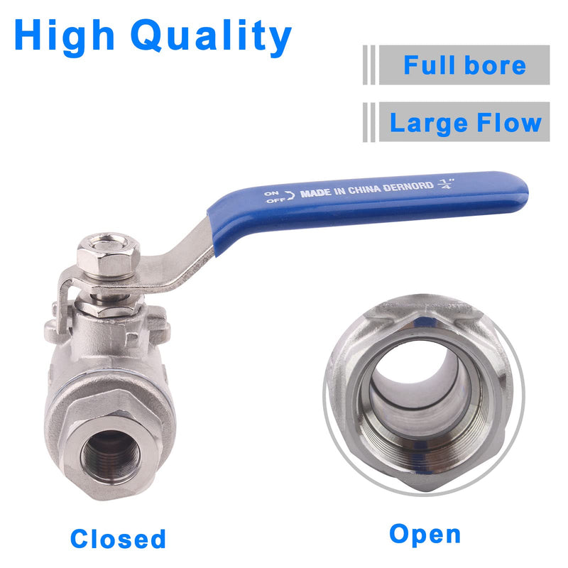 DERNORD Full Port Ball Valve Stainless Steel 304 Heavy Duty for Water, Oil, and Gas with Blue Locking Handles (1/4" NPT) 1/4 Inch Pack of 1