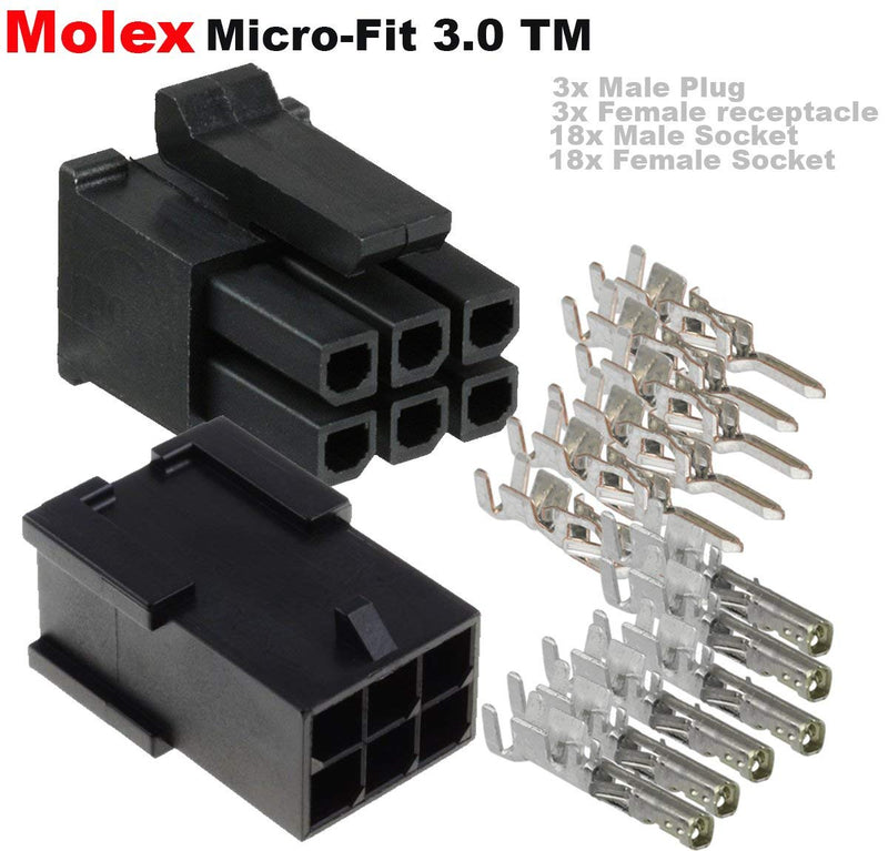 Molex Micro-Fit 3.0™ Dual Row (6 Circuits) Male & Female Receptacle Plug, w/Terminal sockets, (Pack of 3 Complete Set)