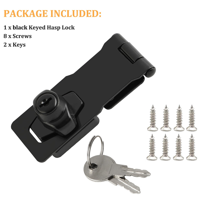 Alise Keyed Hasp Lock,4 Inch Safety Packlock Clasp Hasps Latch,Black Door Hinge Lock with Keys Keyed Locking Hasps for Cabinet,Closet,Drawer, Barn,Fence,Garage Doors 4 Inch Black