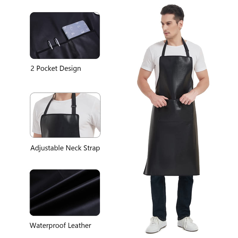 Waterproof Apron, Heavy Duty Work Apron, Artificial Leather Apron Ideal for Chef,Butcher,Barber,Cleaning Black