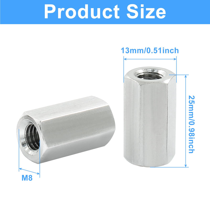 6 Pcs M8 X 1.25-Pitch 25 mm Length Hex Coupling Nut, 13 mm Width Stainless Steel Rod Coupling Nuts (Metric) M8 25mm