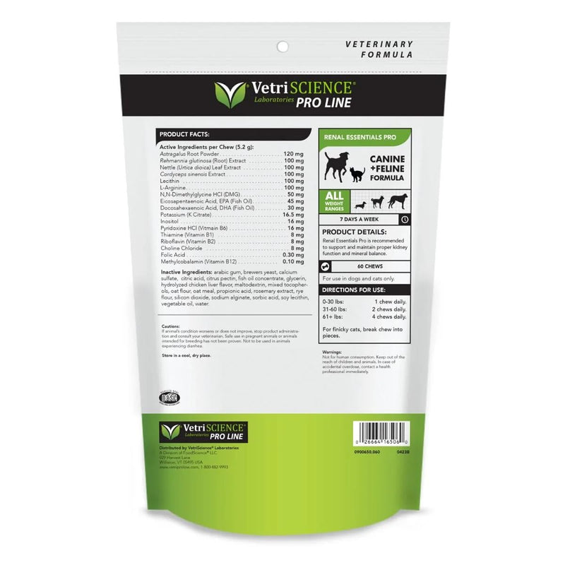 VetriScience Renal Essentials Pro - Balanced Kidney Supplement for Dogs & Cats - Feline & Canine Renal Wellness Support - Formula Supports Kidney Health Management for Pets - 60 Chews - PawsPlanet Australia