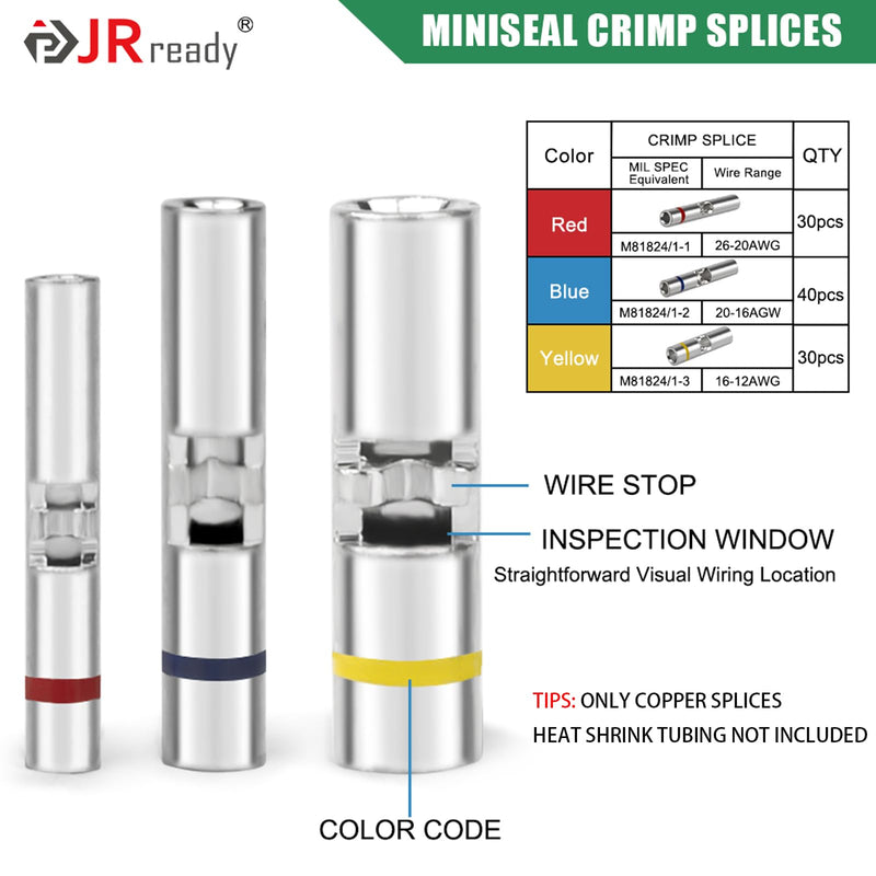 JRready ST6387 M81824/1 MiniSeal Crimp Splices 100PCS Thick Wall Butt Splice Connectors Bare Copper Seamless Kit 26-12 AWG 26-12AWG COPPER SPLICE