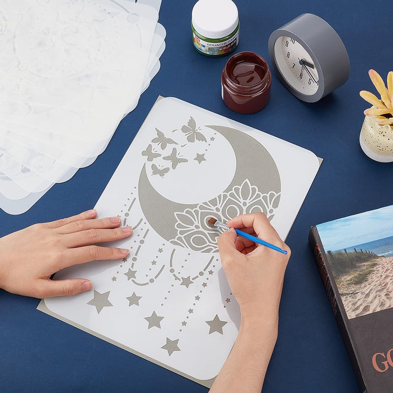 INFUNLY 9PCS/Set Sun Moon Wall Stencils for Painting 12x8 Mandala Tile Stencil Large Flower Star Concrete Floor Stencils Reusable Drawing Template for Painting Wood Canvas Furniture Patio Home Decor Star Moon Stencil