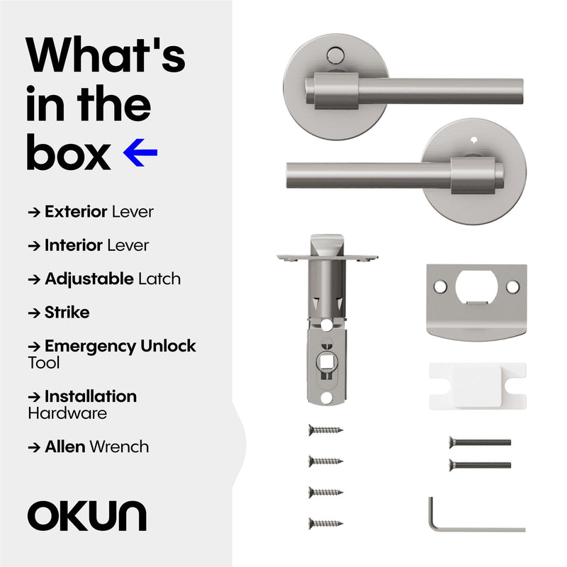 Okun Zen 1-Pack Brushed Nickel Privacy Door Levers – Push Button Lock, Reversible, Sleek Concealed-Mount Design for Bedroom & Bathroom 1 Pack