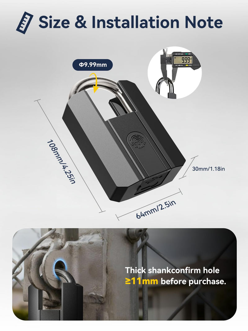 NexusLab Heavy Duty Fingerpint Padlock with Key, Gate Locks for Outdoor Fence, Biometric Padlock, Weatherproof Bluetooth APP Digital Combination Lock for Gate, Outdoor Fence, Storage Unit, Shed, Pool