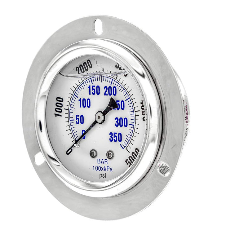PIC Gauges 204L-404R Front Flanged Panel Mount Glycerine Filled Pressure Gauge w/ SS Case/Bezel, Brass Internals, PC Lens, 4" Dial, 0/5000 psi Range, 1/4" Male NPT 0 - 5,000 PSI