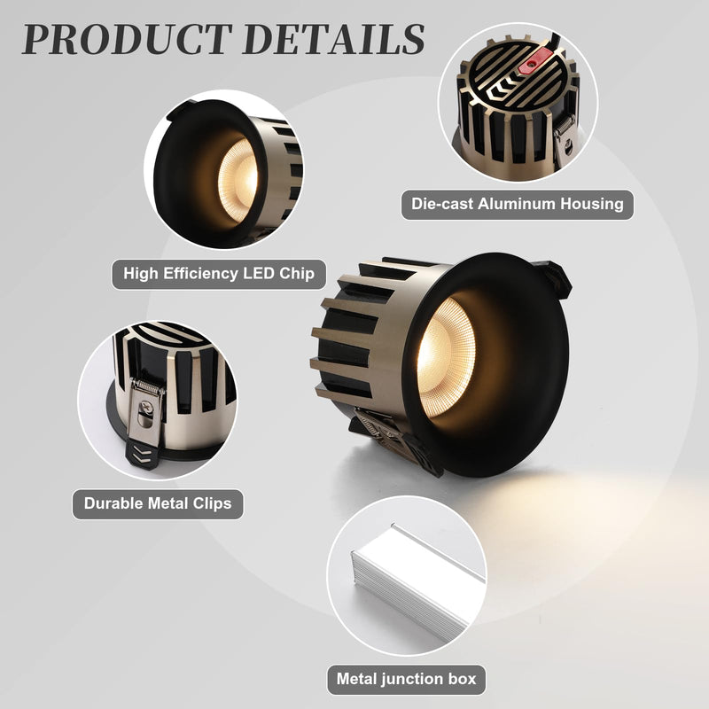3 Inch Recessed Ceiling Light, Dimmable Recessed Lights with J-Box, 3CCT Trimless Soffit Canless Light 3000-6000K Selectable, 12W 1300LM Black Recessed Lighting for Living Room,Kitchen (2 PCS) Black-Gold 3 Inch-2 Pack