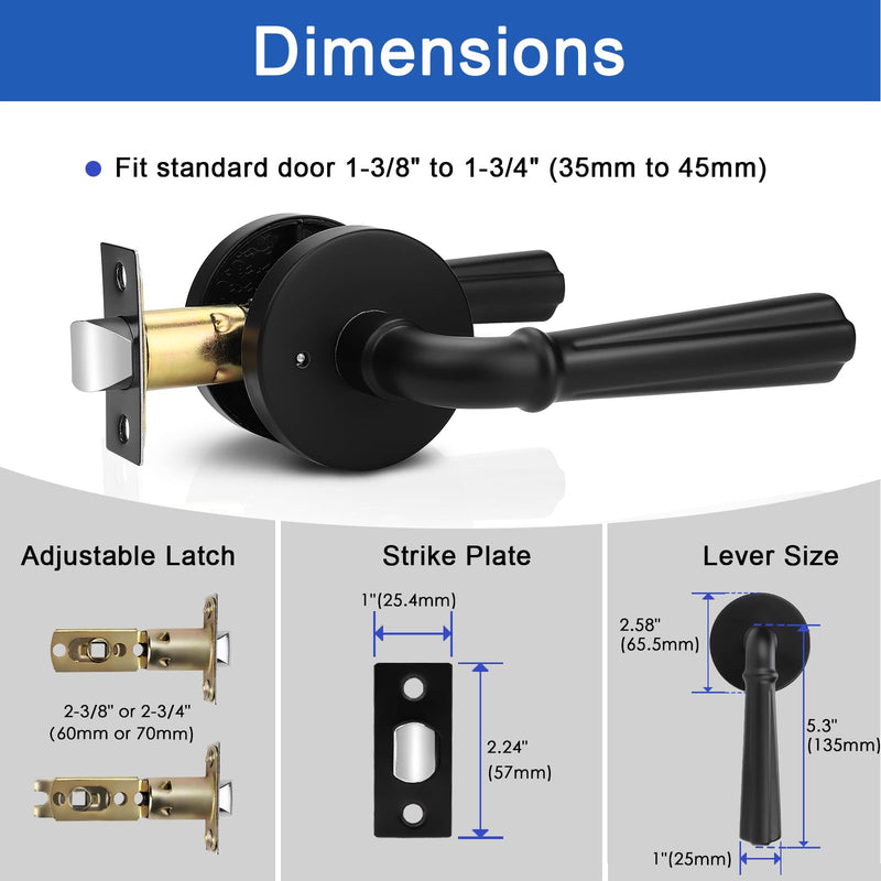 Orger 2 Pack Matte Black Interior Door Handle Round Privacy Door Lever Keyless, Bed and Bath Interior Door Lock Set Left & Right Hand Use, Modern Privacy Door Lock Black Finish, Stainless Steel