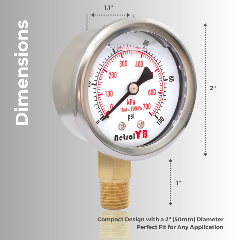 Glycerin-Filled Pressure Gauge,Brass Internal 2-Inch Gauge, Stainless Steel, 1/4" NPT Lower Mount (0-100Psi 2 Pack) 0-100Psi 2 Pack