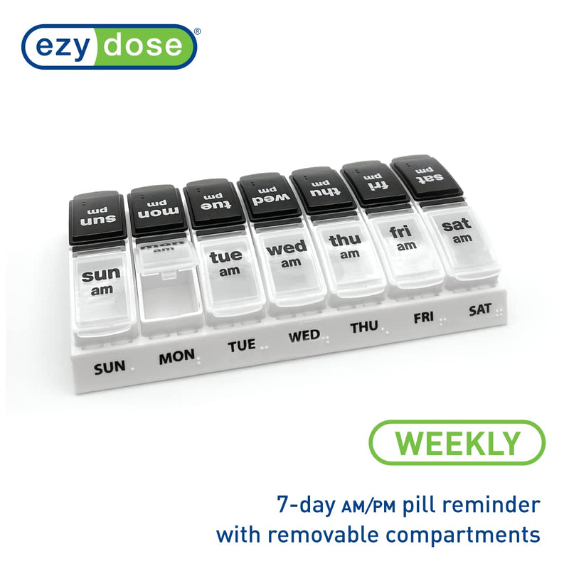 EZY DOSE Weekly (7-Day) Daily AM/PM Pill Case, Medicine Planner, Vitamin Organizer, Supplement Container, Large Pop-Out Compartments, Designed for Travel 2 Times a Day, Black and White Lids Black and Natural