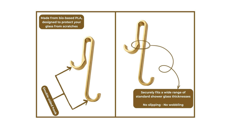 Universal Shower Hooks for Glass (6–10mm) - Extended 6” Hanging Hooks for Frameless Shower Doors, Frameless & Framed Shower Walls - Double Sided Hooks for Towels, Robes and Bathroom Accessories (Gold) Gold