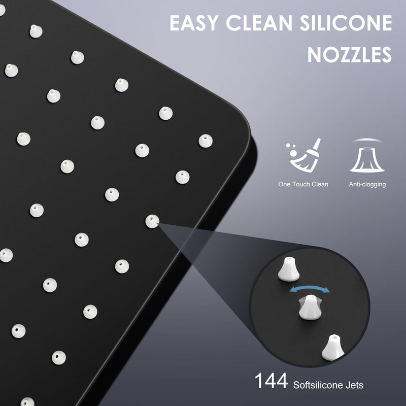 12 inch Matte Black Rain Shower Head - All Metal 304 Stainless Steel, Full Body Rainfall Shower with 144 Silicone Nozzles - Square Showerheads Ceiling or Wall Mount Modern Bathroom 12 Inch Square B-Matte Black
