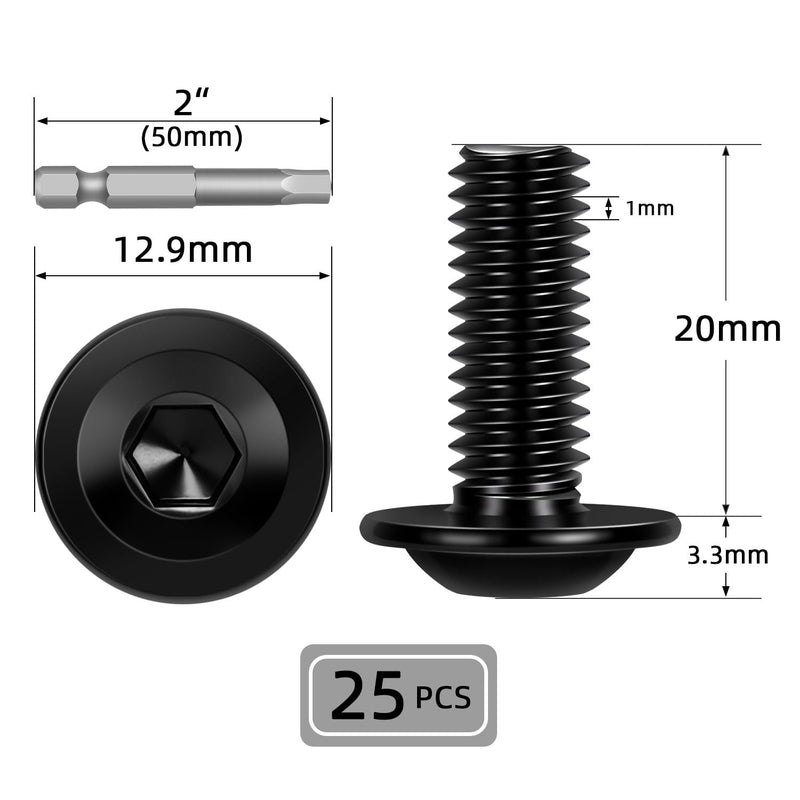 M6-1.0 x 20mm 25 PCS Flanged Button Head Socket Cap Bolts Screws, Stainless Steel 304, Allen Socket Drive, Screwdriver Bit Included, Black Finish, Fully Machine Thread M6 x 20mm