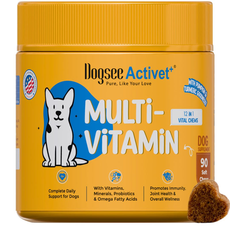 Dogsee Activet+ Dog 12 in 1 Multivitamin Supplement Chews, with Vitamins, Minerals, Probiotics, Omega 3 & Glucosamine for Overall Dog Health, Chicken Flavor – 90 Chews Multivitamin- Chicken