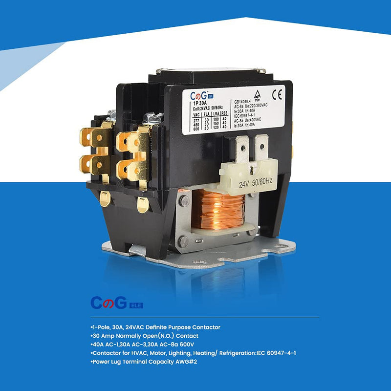 1 Pole Air Conditioner Contactor 30 Amp 24VAC Coil,Condenser Contactor Compressor Contactor AC Definite Purpose Contactor (Pack of 1 Pcs)… 1P 30A 24V