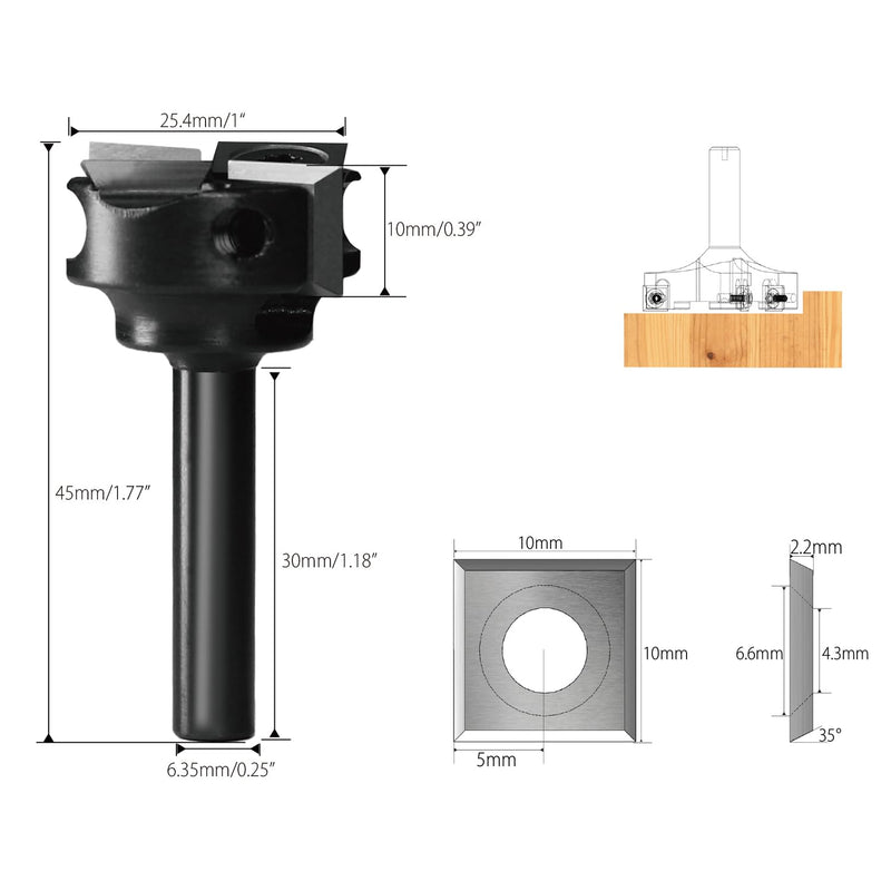 1/2'' Shank CNC Spoilboard Surfacing Router Bit with 1'' Cutting Dia, 2+2 Flutes Carbide Inserts Slab Flattening Bit Wood Planer Bit Planing Bit for Woodworking 1 Inches 1/2 Inches