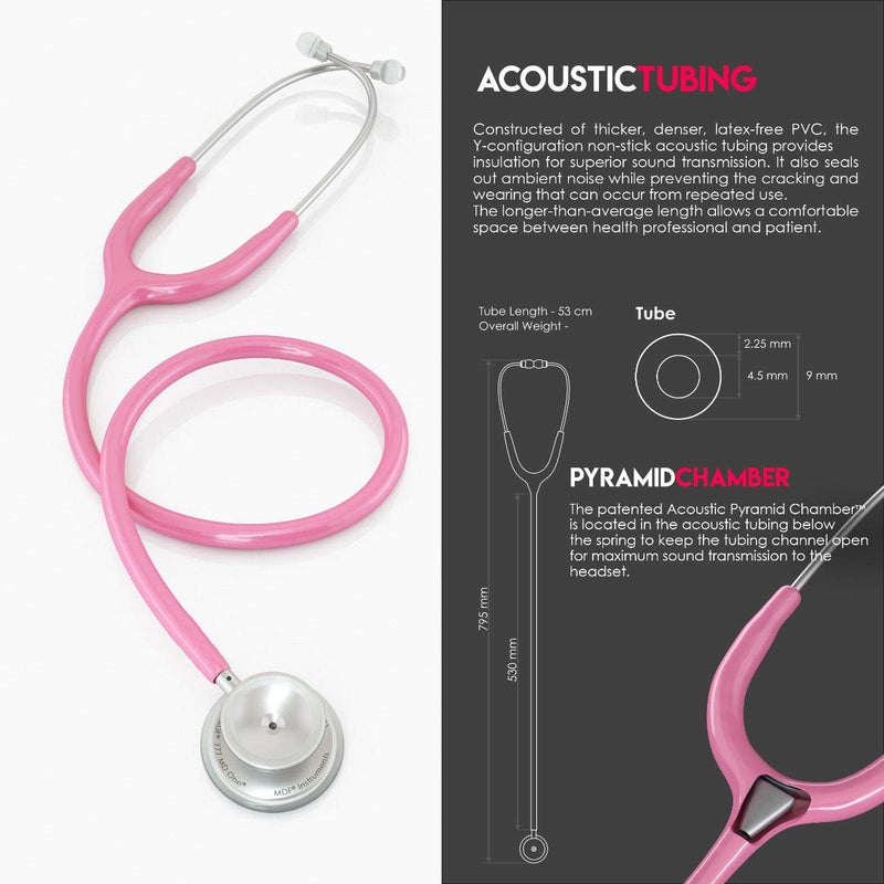 MDF Instruments, MD One Stainless Steel Stethoscope, Adult, Pink Tube, Silver Chestpieces-Headset, MDF77701