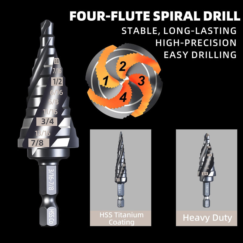 Unibit M35 Step Drill Bits Set with Magnetic Phillips Screwdriver 1/8-7/8 Inch-8 PCS Titanium Coated HSS 4-Flute Bits, Works on Steel, Metal, Aluminum, Plastic & Wood, with Storage Box Black