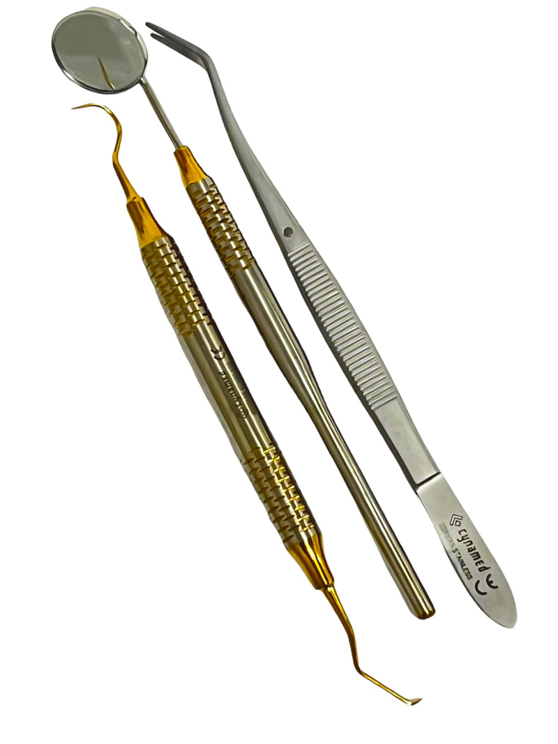ArTLaB-Premium German 3 Instruments Basic Dental Set- Mirror Explorer College Cotton Plier Hollow Handle -Dental Instruments set of 3 (Gold Titanium Set of 3) Gold Titanium Set of 3