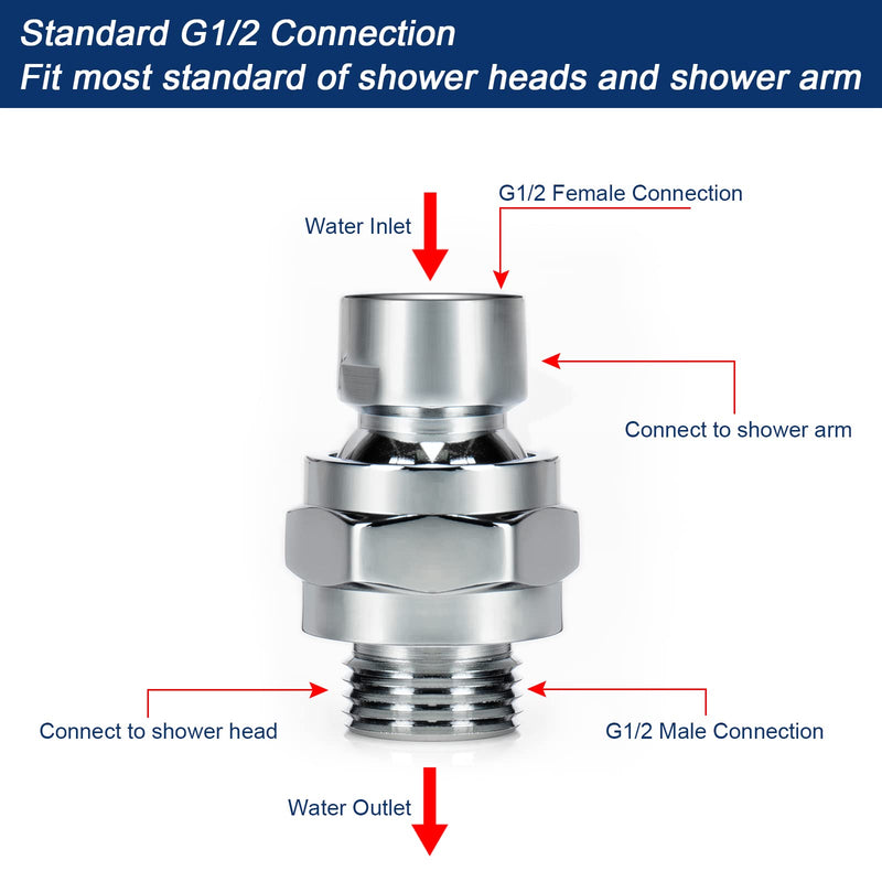 NearMoon Shower Head Swivel Ball Adapter - Solid Brass Shower Connector Ball Joint Adjustable Universal Shower Arm Extension Component (Chrome Finish) Chrome Finish