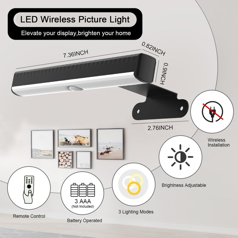 2PACK Picture Light LED Battery Operated Wall Light for Paintings,Wireless Dimmable Frame Light with Remote,3 Lighting Display Art Light Magnetic Timer Light for Artwork Portrait Dartboard Wall Decor 2Pack Black