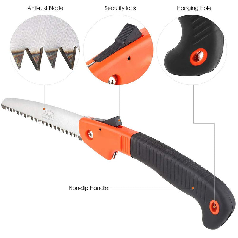 Folding Pruning Saw, Premium Folding Hand Saw with Secure Lock Comfort Soft Grip for Garden or Tree Pruning, Camping, Wood Working(Orange+Black) Orange/Black