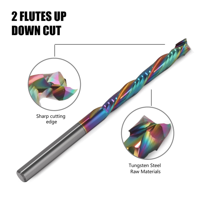 Extra Long Spiral Router Bits Up Down Compression Bit with DLC Coating, 1/4 inch Cutting Dia, 2" Cutting Length,1/4 inch Shank Solid Carbide CNC End Mill for Wood Carving Engraving Grinding Grooving