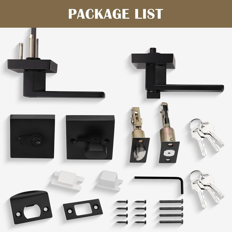 1 Pack Keyed Entry Door Lever and Single Cylinder Deadbolt Set, Keyed Alike Reversible Lockset, Matte Black Square Interior/Exterior Handleset for Bedroom, Front Door 1 Pack Modern Mattte Black