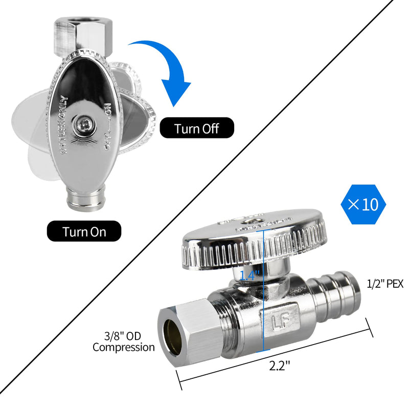2/4/10/20 Pack Stop Valves, 1/4 Turn Straight Stop Valves, 3/8" OD Compression × 1/2" PEX Chrome Plated Brass for Faucet, Toilet Valves (10×Straight) 10×Straight
