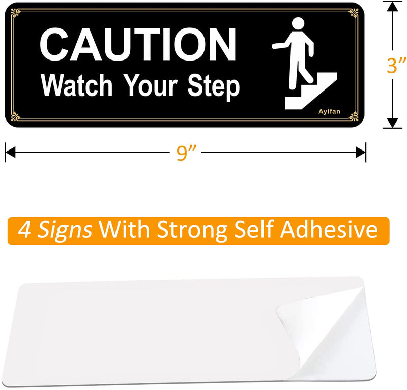 4 Pack Caution Watch Your Step Sign for floor, Acrylic with Symbols Self-adhesive for Home and Business Restaurants Offices 9"x3" Black Gold Easy to Mount Outdoor or Indoor Use Black Caution Watch Your Step black+white+gold