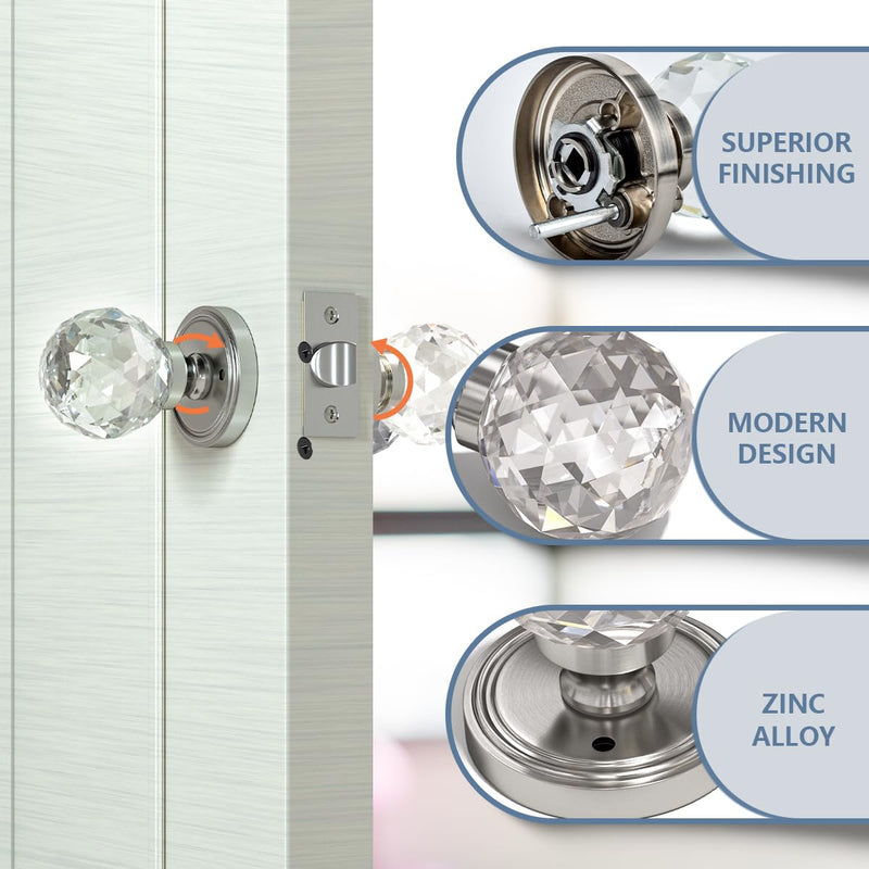 Bwintech Crystal Door Handle with Lock and Keys 1 Set, Brushed Nickel Door Handle, 65mm Palace Style Crystal Internal Door Handle with Latch and Screw Kit for Privacy Bedroom, Hallway, Lavatory