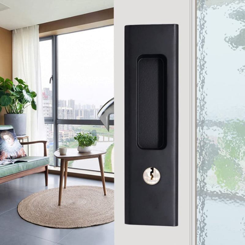 LWZH 6.3" Matte Black Privacy Pocket Door Lock Hardware, Invisible Recessed Handle Latch with Keys, Sliding Door Mortise Lock, Double Barn Door Lock Furniture Hardware 1 Pack