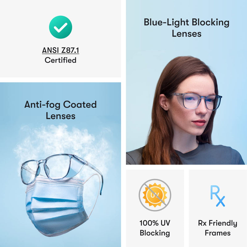 Stoggles Rectangle Z87.1 Certified Safety Glasses, Blue-Light, UV Blocking Lens, Top & Side Shield, Anti-Fog, Stylish Eyewear Medium Low Bridge Fit Clear